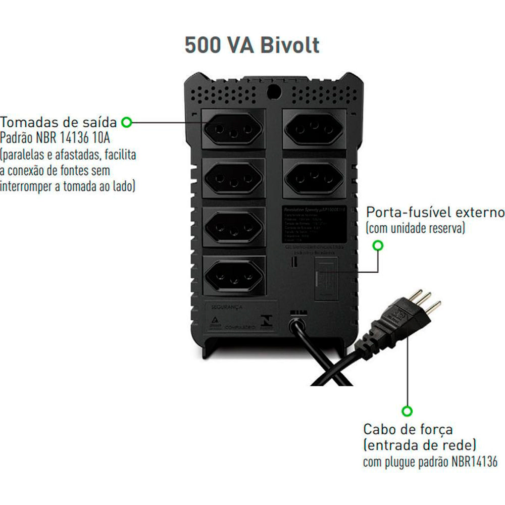 Estabilizador SMS Revolution Speedy 500VA, Entrada Bivolt Automático e Saída de 115V, 6 Tomadas NG 637