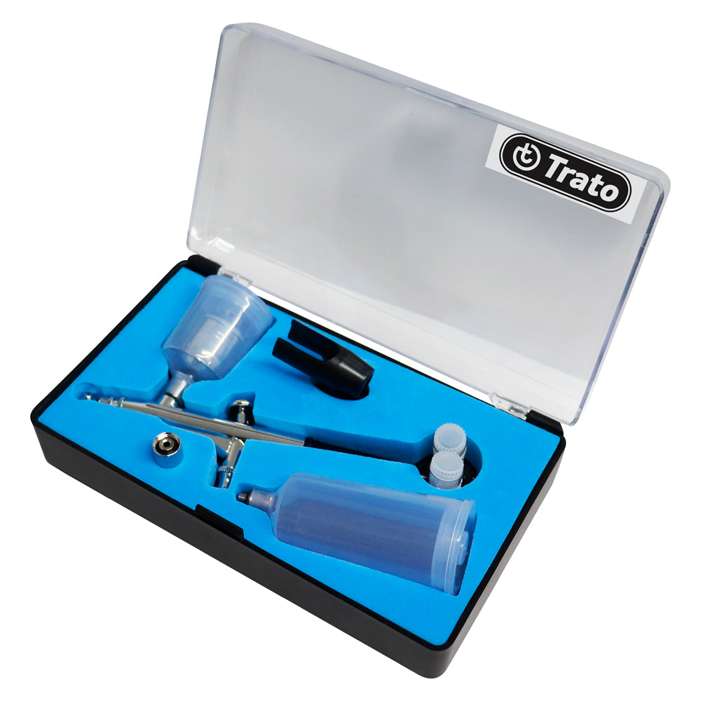 Kit Aerógrafo TKA12 TRACO 17 Peças, Compressor 12V Bivolt, 0,3-0,4-0,5mm, Dupla Ação, 15-18 PSI, Aerografia Profissional