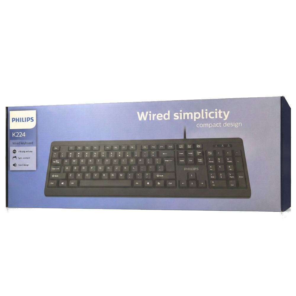 Teclado Philips K224/SPK6224 USB Com Fio Resistente a Respingos Teclado Númerico Home Office - Preto
