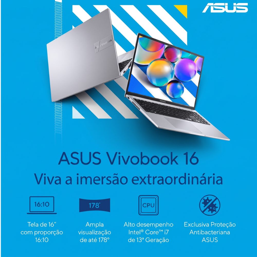 Notebook ASUS Vivobook 16 X1605VA Intel Core i7 1355U 8Gb Ram 512Gb SSD Linux KeepOS Tela 16” IPS FHD Silver - MB742