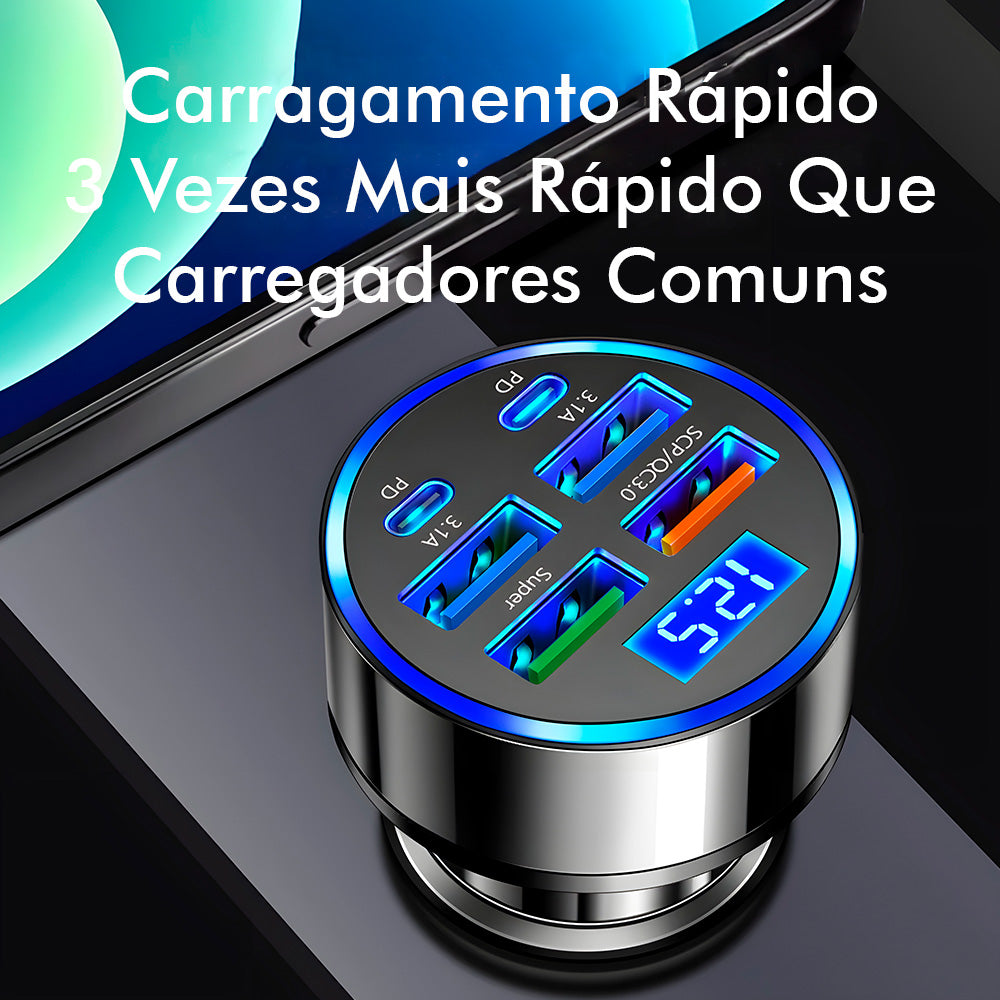 Carregador Veicular Fast Charging Com 4 Portas USB 3.1A, Duas Portas USB-C e Display Digital - Preto