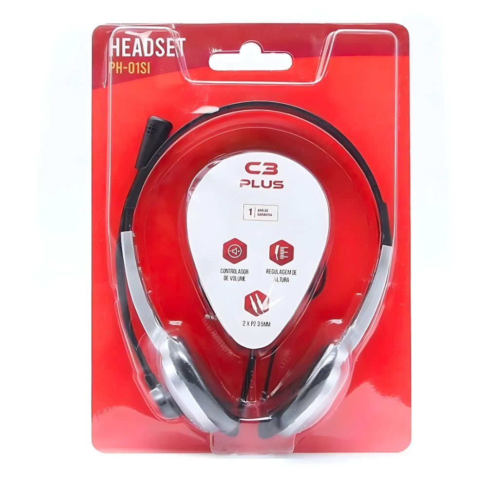 Headset C3Plus PH-01SI Prata - Com Microfone Arco com Ajuste de Altura Conexão P2 Impedância de 32Ohms