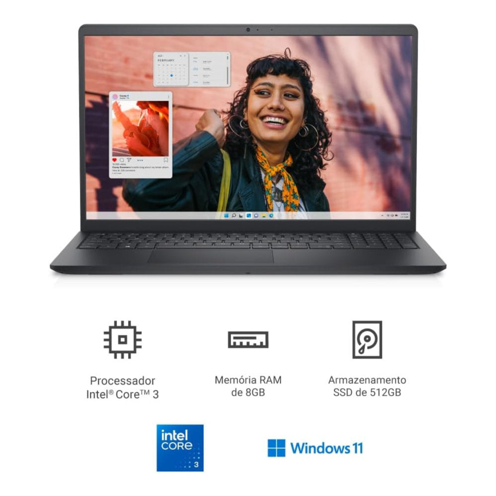 Notebook Dell Inspiron i15-i3100-A15P, Intel Core 3-100U, RAM 8GB DDR4 SSD 512GB, Tela 15.6" FHD 120Hz, Win 11, Preto
