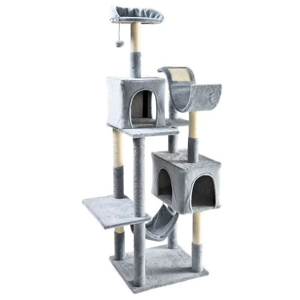 Arranhador De Gato Grande, Luxuoso, Multifuncional Com Casas, Camas, Rede, Poleiros e Brinquedo, Cinza