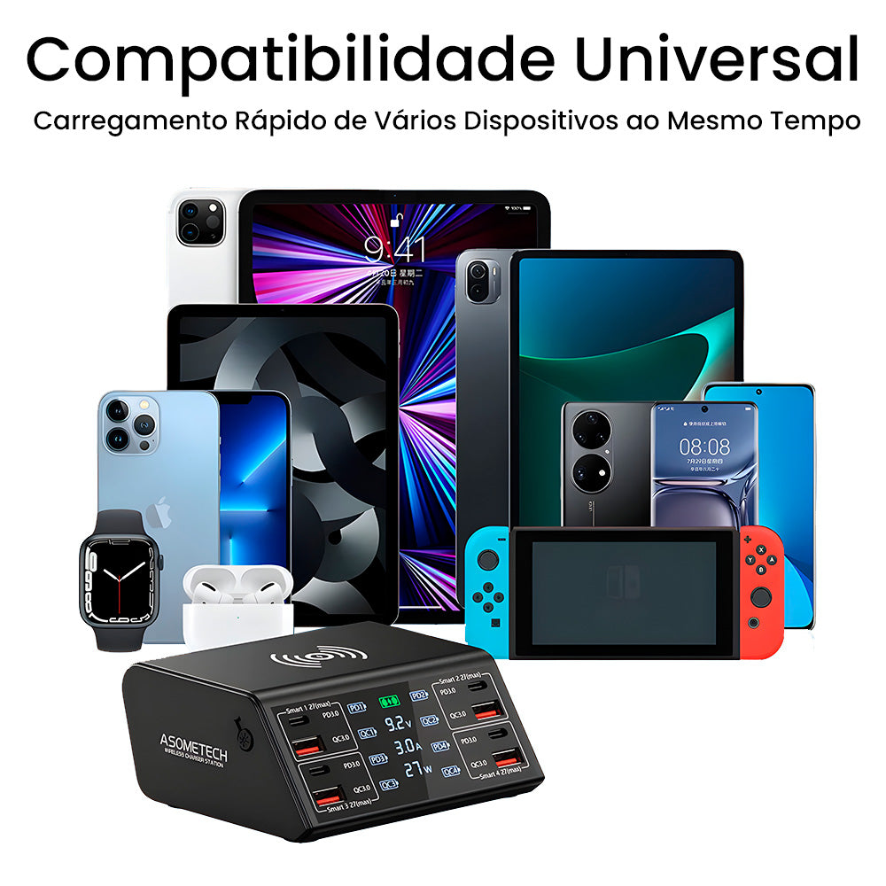 Estação de Carregamento 100W Com 4 Entradas USB e 4 Entradas USB-C - Suporte a Carga Sem Fio - ASOMETCH