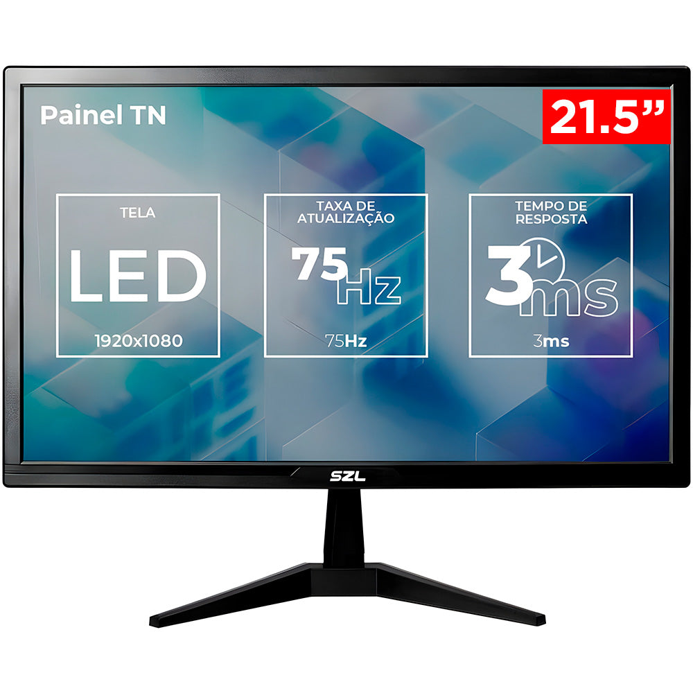 Monitor LED 21,5 Polegadas, SZL TN, FHD, 3ms, 75Hz, HDMI/VGA, SZL-SZL215-BL01
