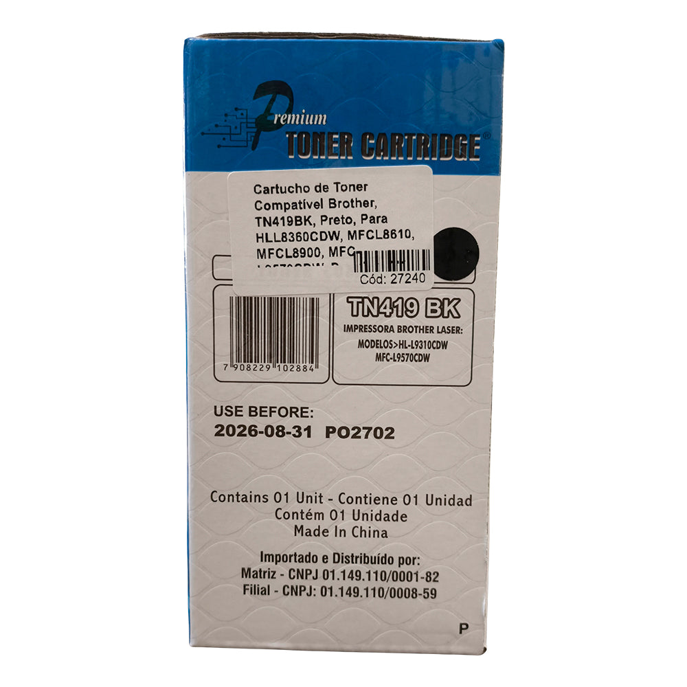 Cartucho de Toner Compatível Brother, TN419BK, Preto, Para HLL8360CDW, MFCL8610, MFCL8900, MFC-L9570CDW, Premium 9K