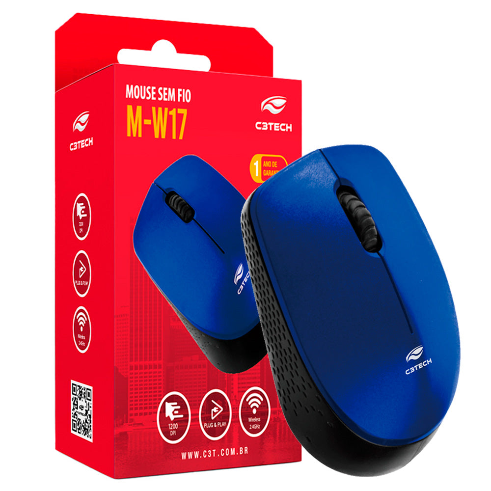 Mouse Ópitco Sem Fio, 2.4GHz, 1.200 DPI, M-W17BL, C3Tech, Plug and Play, Azul