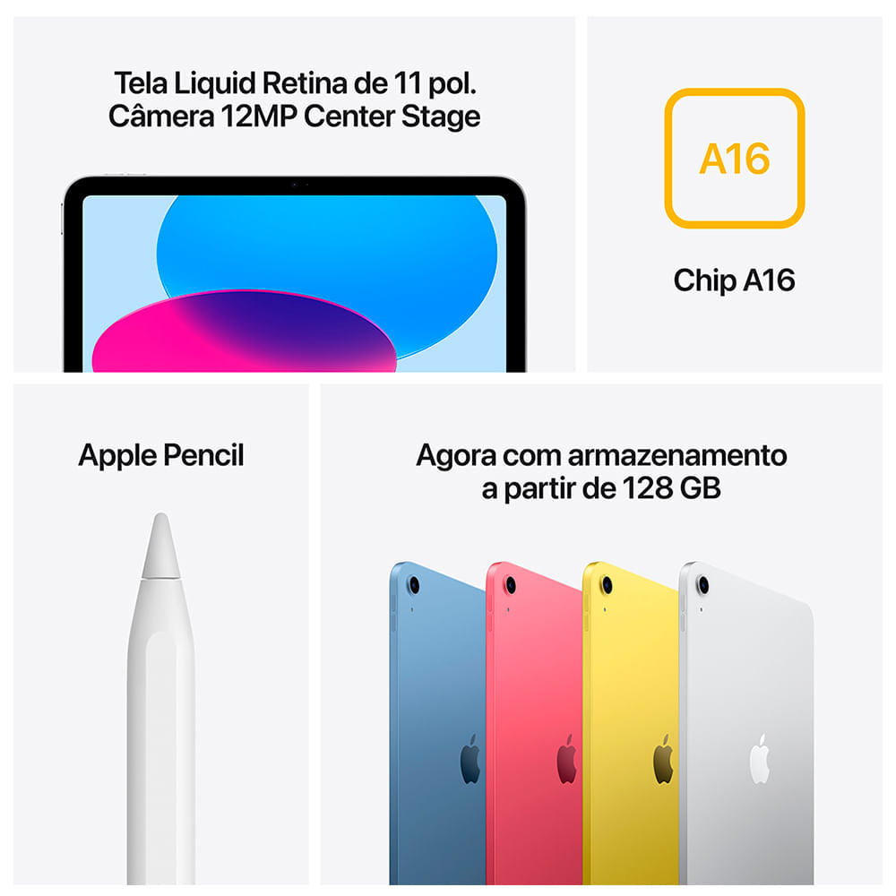 iPad Apple 2025 Wi-Fi 128 GB, Chip A16 Bionic, Tela Retina 10,9" A3354 Prateada
