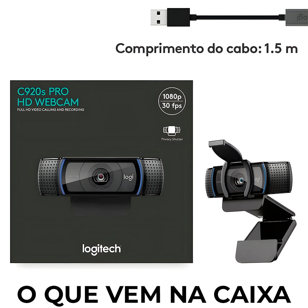 Webcam Logitech C920s Pro, Full HD, Chamadas e Gravações 1080p, Áudio Estéreo, Microfones Duplos