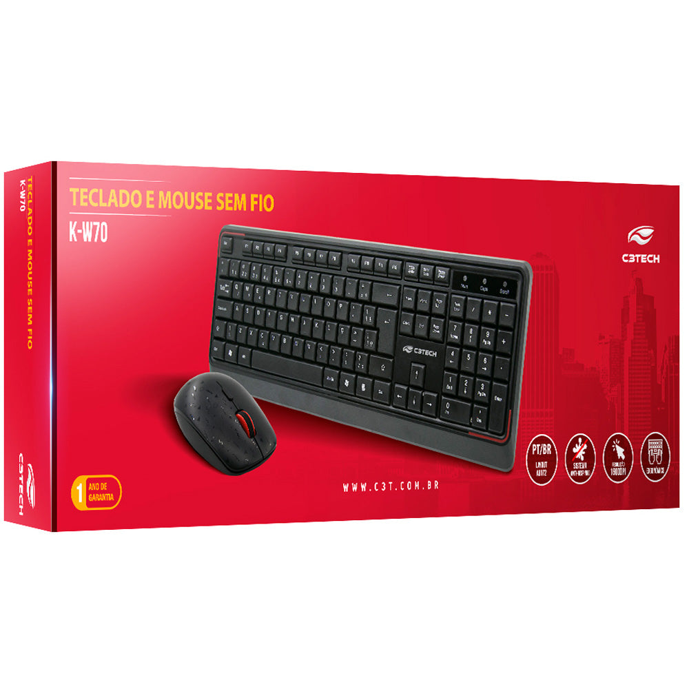 Kit Teclado e Mouse C3Tech, Wireless (Sem Fio), K-W70BK - Preto