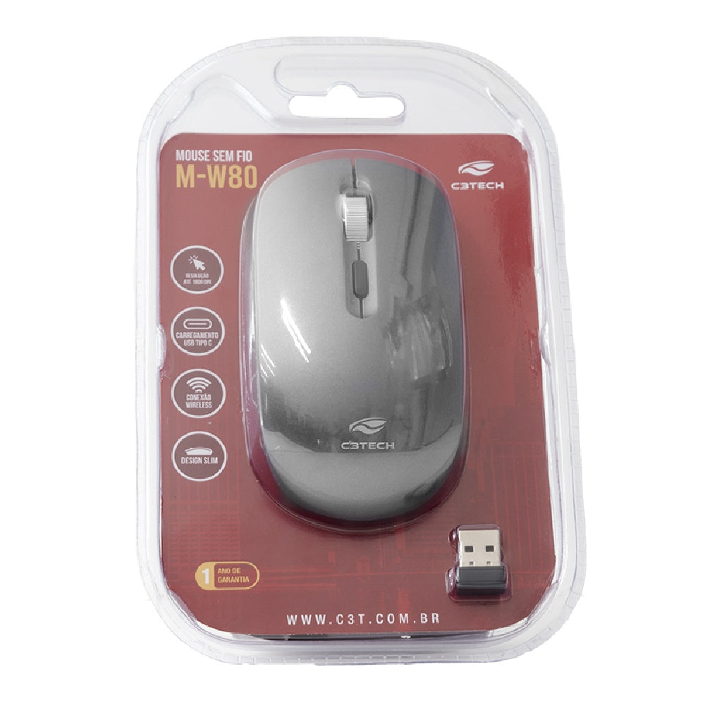 Mouse Sem Fio Recarregável 1600 DPI, Nano Receptor USB, Cinza, M-W80GY - C3Tech