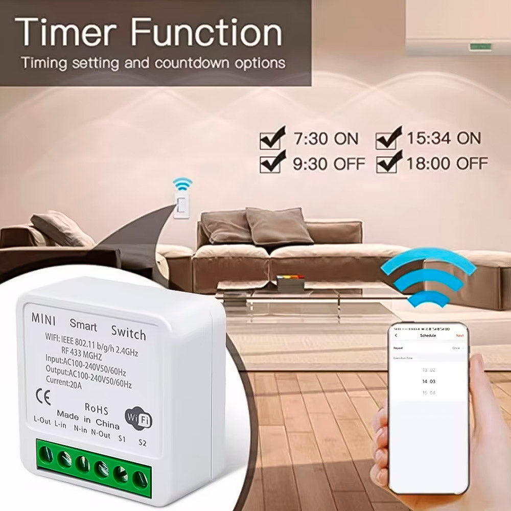 Mini Switch Para Interruptor Inteligente 100-240V, 20A Compatível Com Google Assistant e Alexa- Tuya