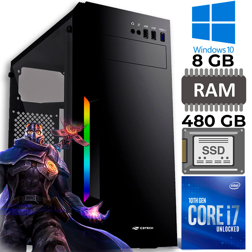 Computador Gamer i7-10700, Placa Mãe H470M, RAM 8GB, SSD WD 480GB, Fonte ATX 250W, Gab MT-G210BK, Windows