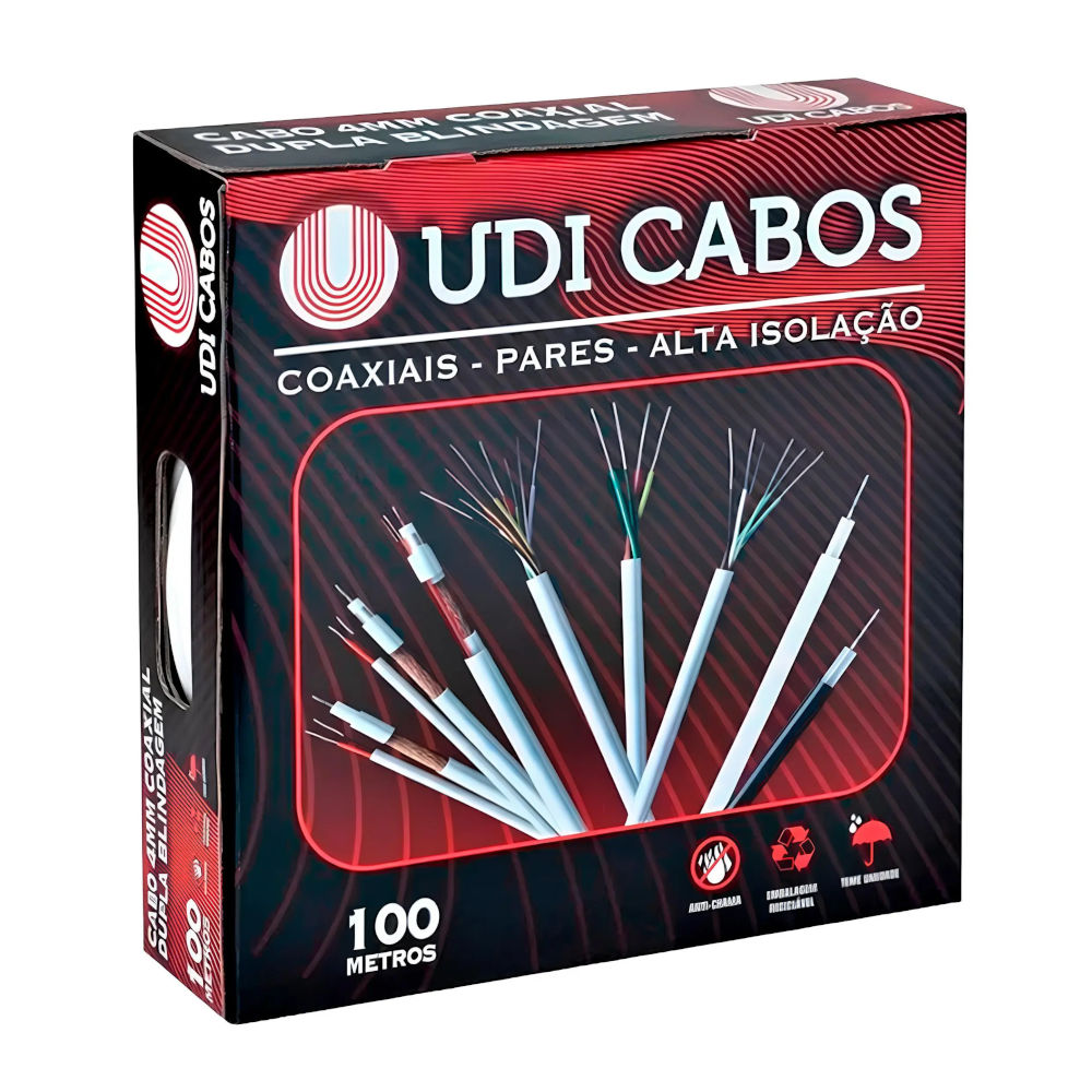 Caixa com 100 Metros de Cabo Coaxial Bipolar 4mm com Dupla Blindagem, UDI Cabos, Para uso Exterior, Anti-Chama - Branco