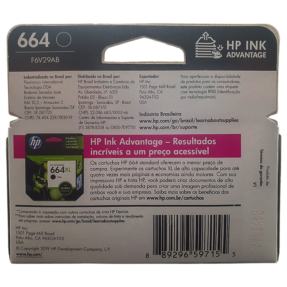 Cartucho de Tinta HP 664, Preto, Original, F6V29AB, Para HP Deskjet 2136 2676 3776 5076 5276