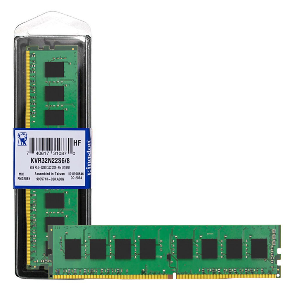 Memória RAM Desktop Kingston 8GB DDR4 3200MHz, PC4-25600, CL22 1.2V, UDIMM, 288-Pin, KVR32N22S6/8