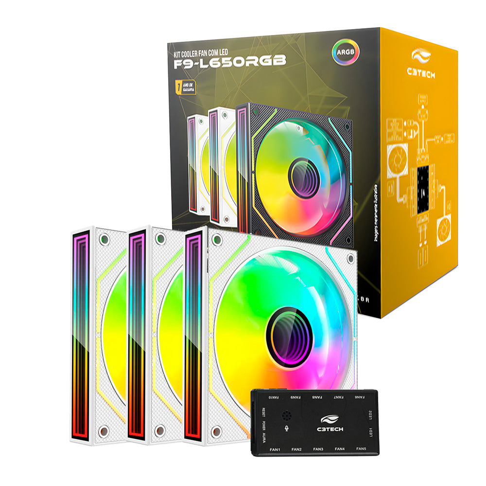 Kit 3 Fan e Controladora RGB, Cooler Fan Gaming F9-L650WHRGB C3Tech - Branco