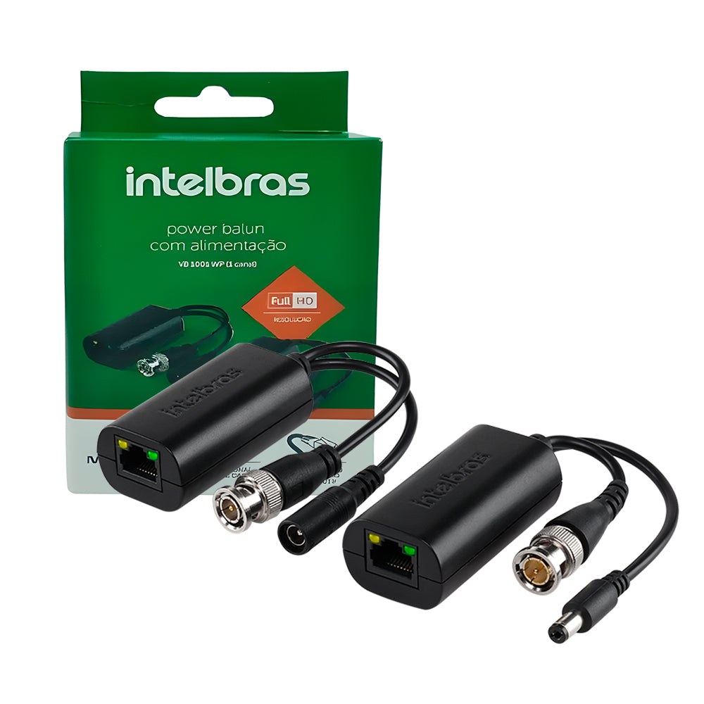 Conversor Power Balun Intelbras VB 1001 WP, 1 Canal Full HD, Vídeo e Alimentação, Preto