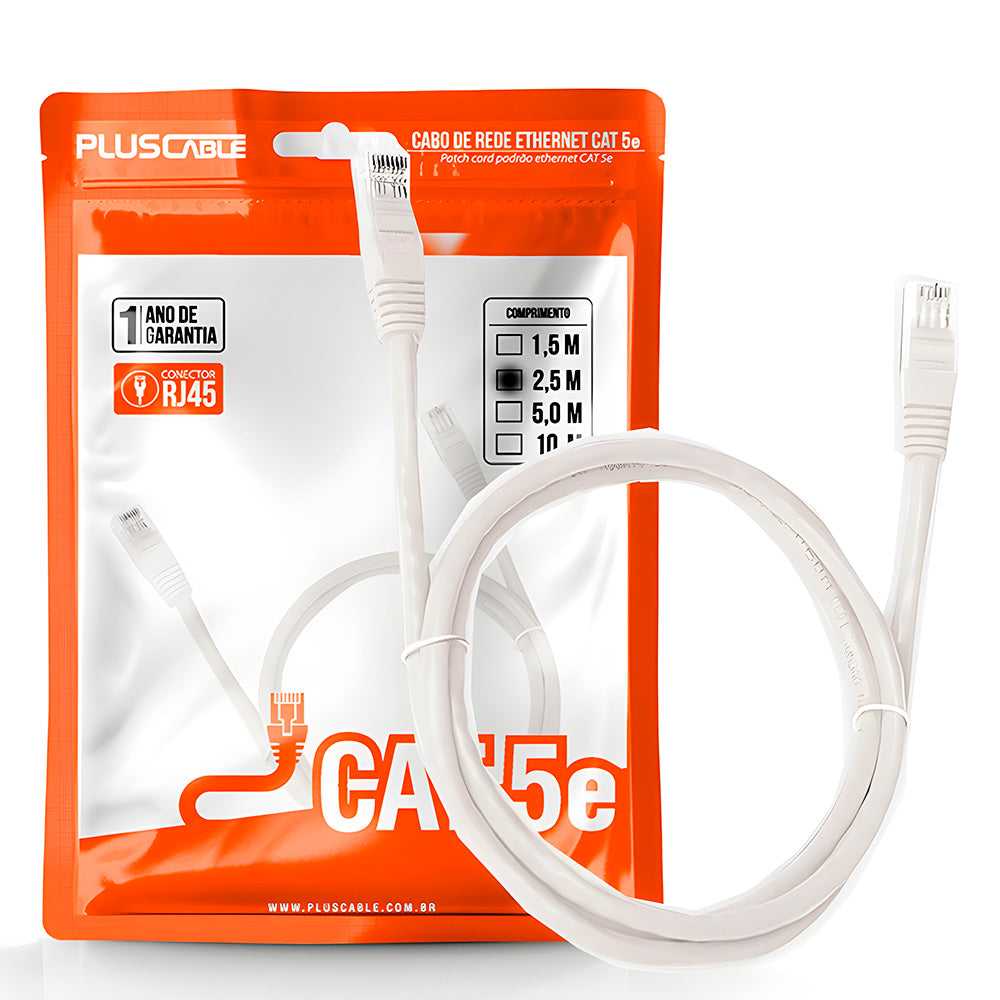 Cabo de Rede Cat.5E 2.50 Metros PC-ETHU25WH Patch Cord PlusCable - Branco