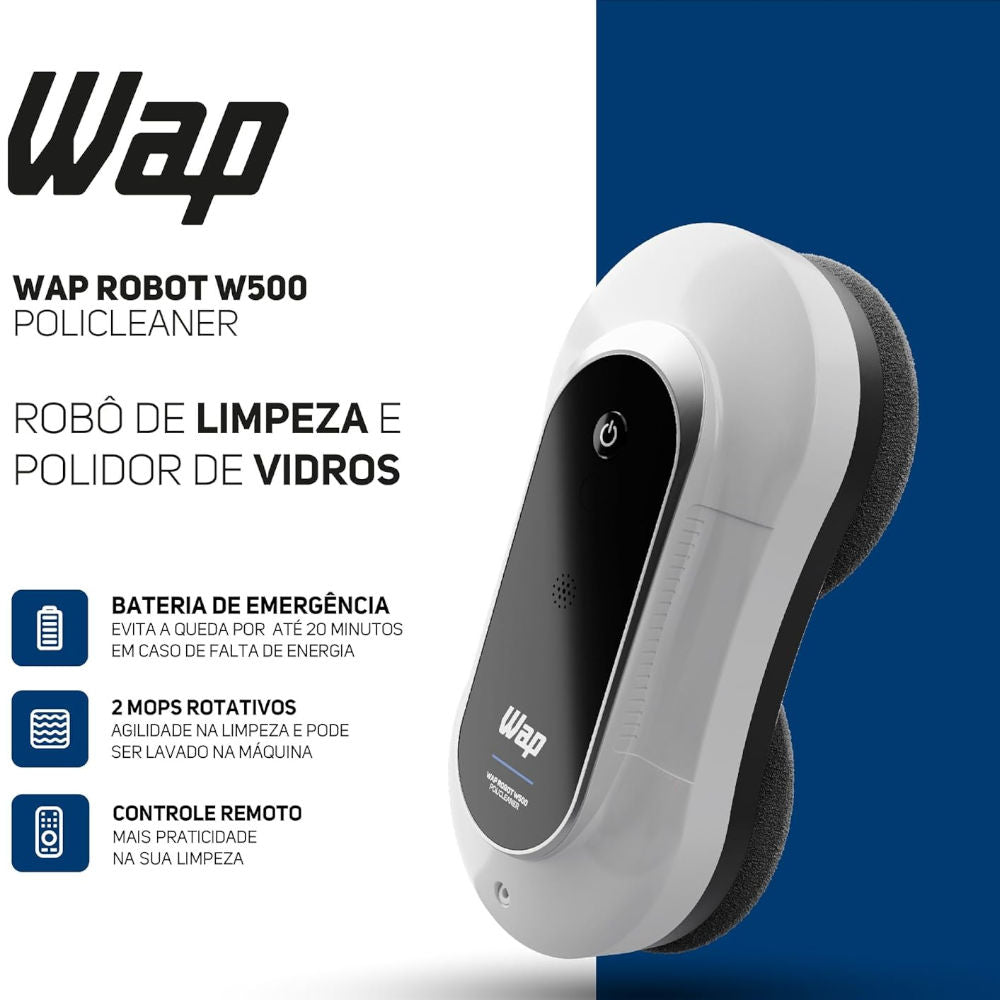 Aspirador Limpeza Polidor Vidros WAP Robot W500 Policleaner, Bivolt, Sucção 8kPa, Tanque 300ml, Escova Rotativa, LED