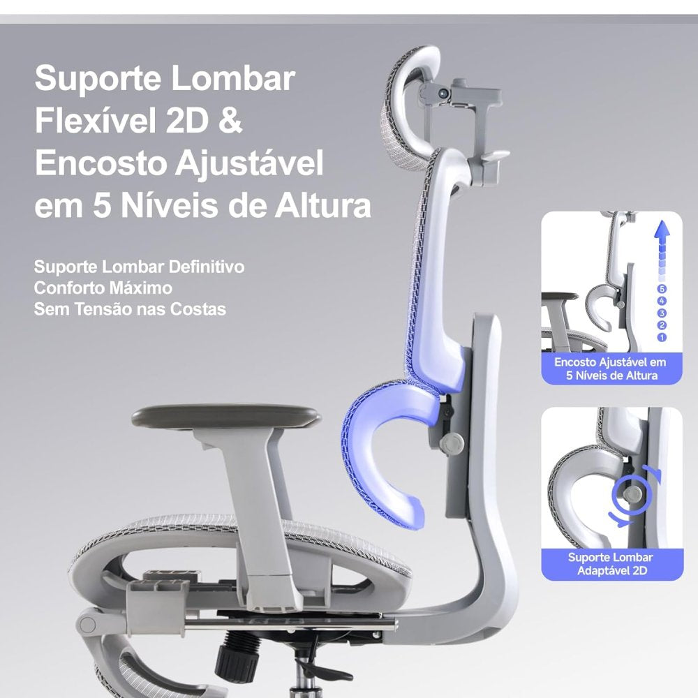 Cadeira Ergonômica LarkLeaves L10 Mesh Apoio de Pé Braço 3D Cinza