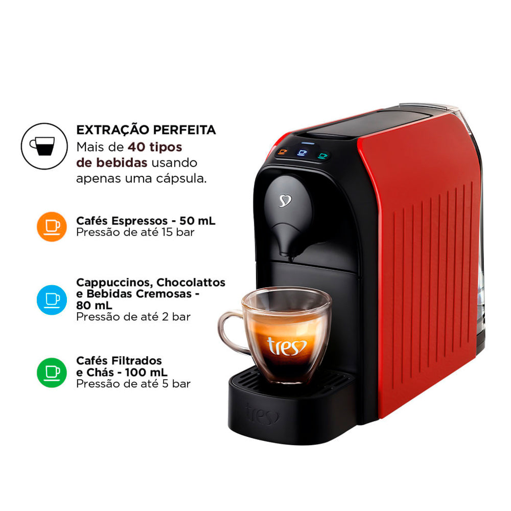 Cafeteira Espresso Três Corações Passione Vermelha, 220V, 15bar, 650ml, Multibebidas Automática
