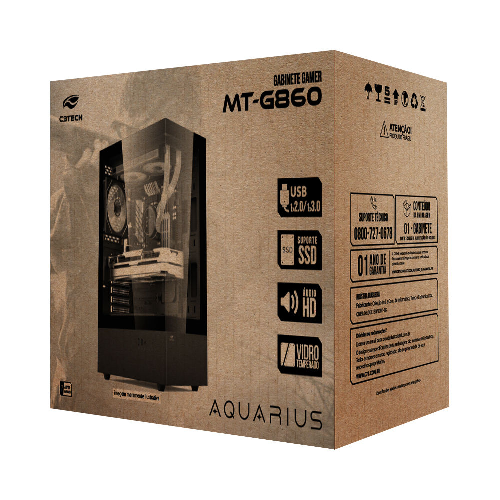 Gabinete Gamer Aquário C3Tech MT-G860BK, Mid Tower, Vidro Temperado, Compatível Water Cooler, S/ Fonte, Preto - Aquarius