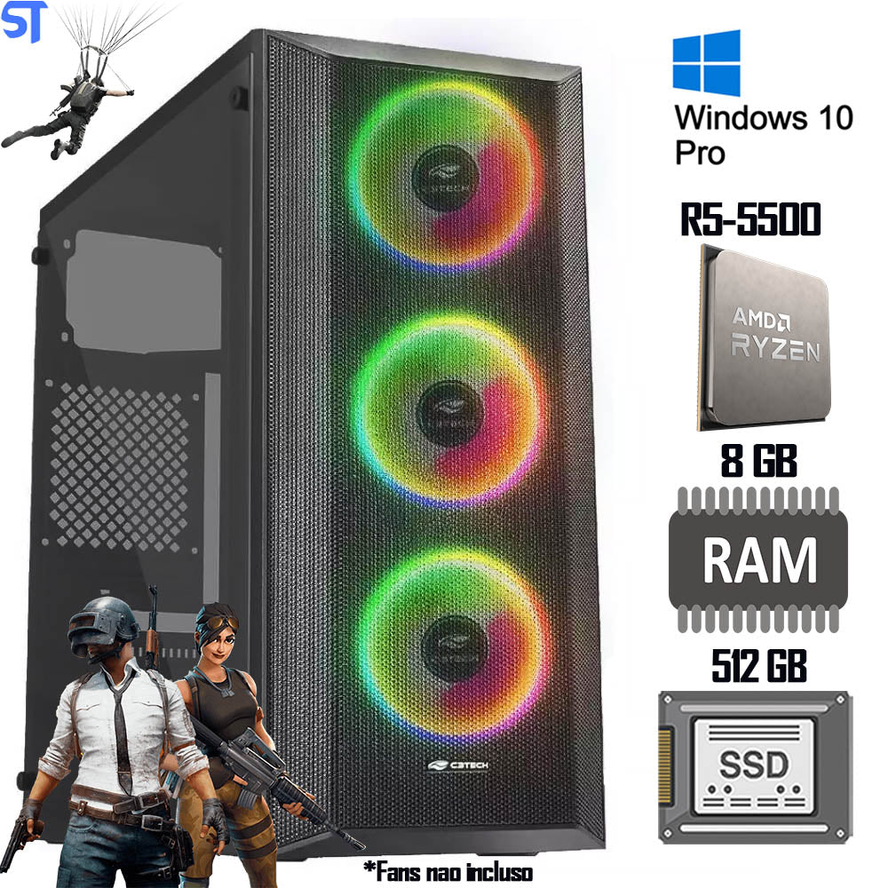 Computador Gamer AMD Ryzen 5-5500 Placa De Vídeo GTX1050-4GB SSD-240-Kingston 8GB-RAM Fonte-500W Gab-220BK