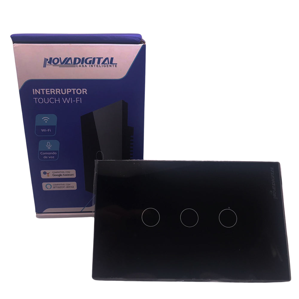 Interruptor Inteligente Touch Wifi 3-Botoes Compativel Com Alexa e Google Assist - PRETO