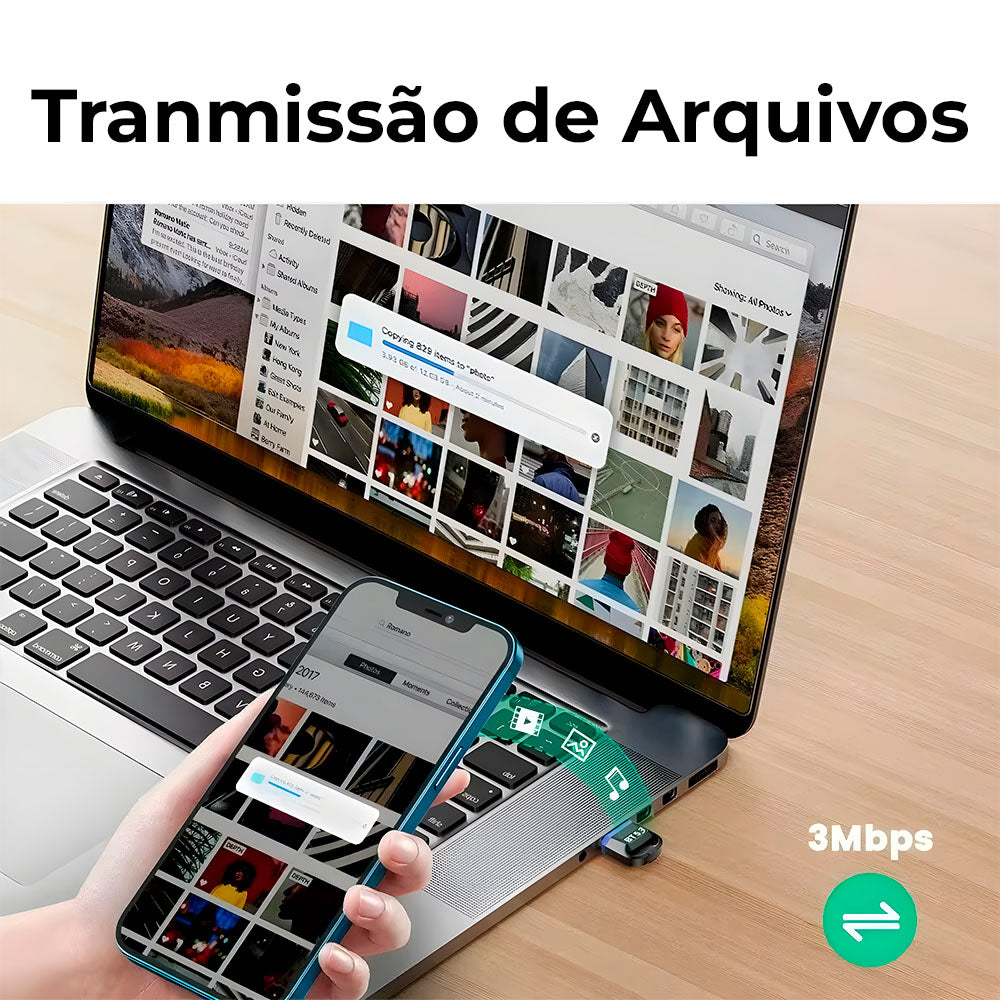 Adaptador Bluetooth 5.3 USB Dongle 3Mbps, Wireless Sem Fio, Receptor de Aúdio - Preto