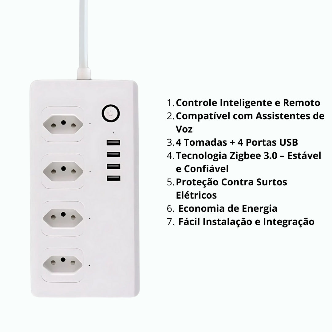 Extensão Inteligente, Zigbee 3.0, Com 4 Tomadas, 4 Portas USB, Cabo 1.5 Metros, Anti Surto, APP Tuya, Branco