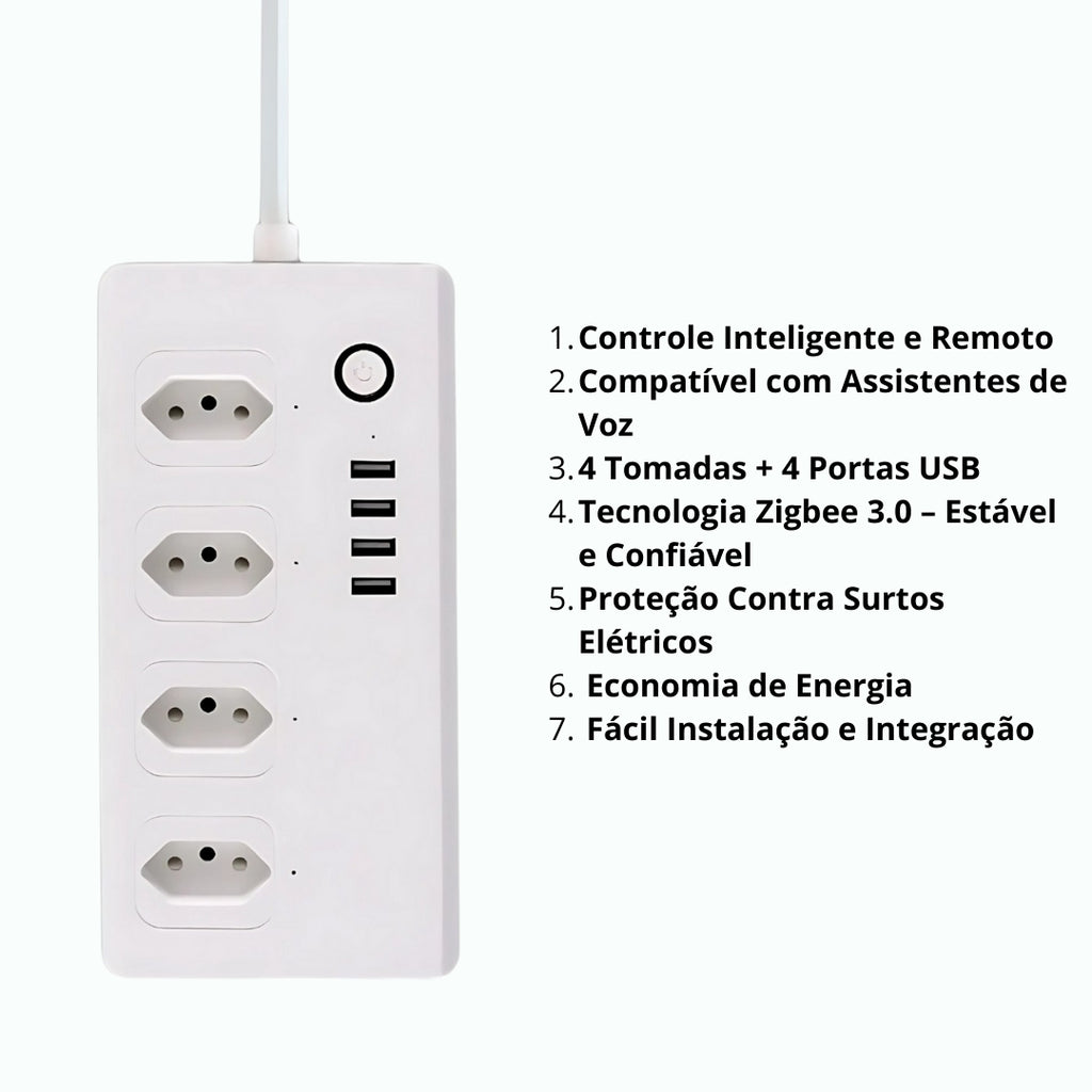 Extensão Inteligente, Zigbee 3.0, Com 4 Tomadas, 4 Portas USB, Cabo 1.5 Metros, Anti Surto, APP Tuya, Branco