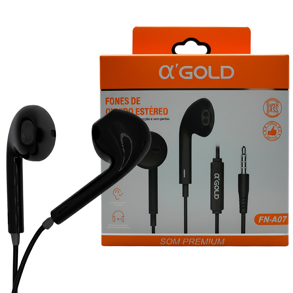 Fone De Ouvido Stereo, com Microfone, Super & Deep Bass, Fio 1.2 Metros, A'Gold, FN-A07 - Preto