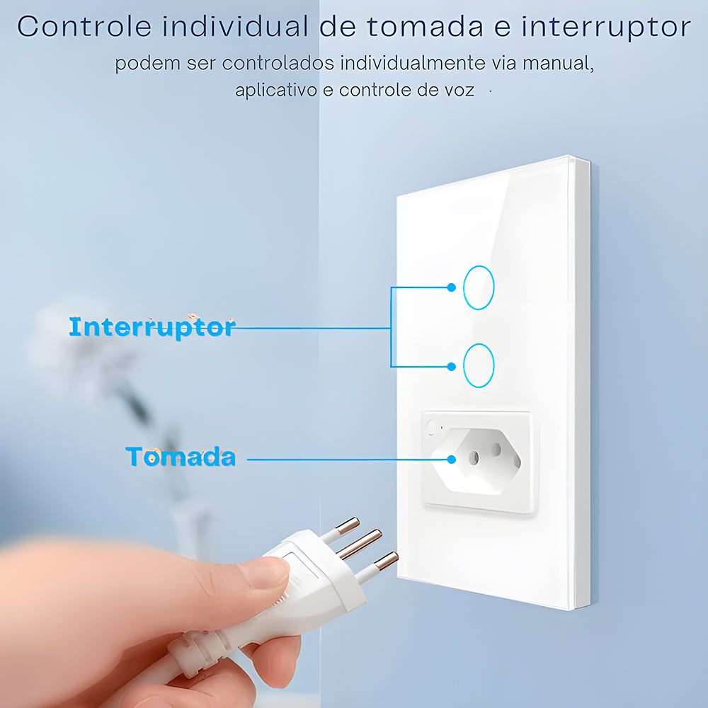 Interruptor Inteligente, Com Tomada, 2 Botões Touch, Wi-Fi, Compatível Com Alexa e Google Home, Avatto, Branco