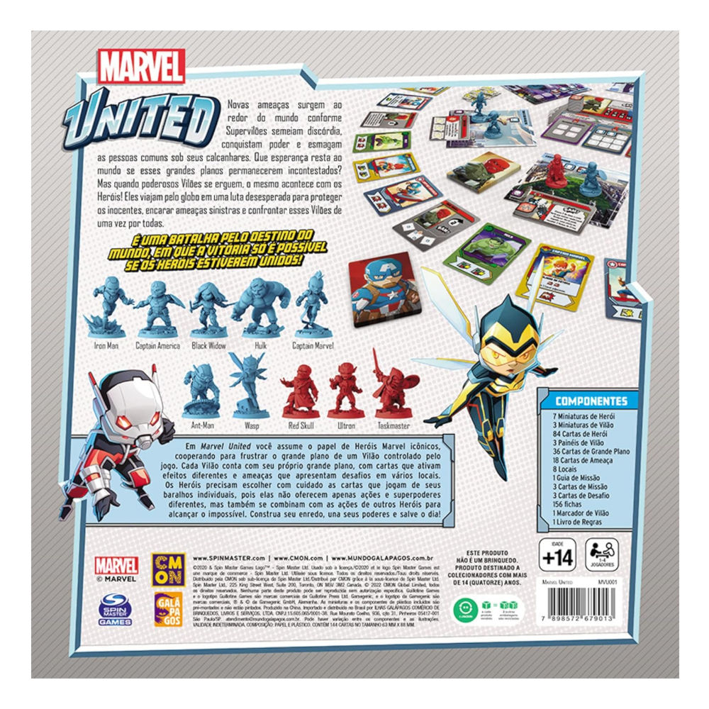 Jogo de Cartas Marvel United Galápagos 144 Cartas Poker 63x88mm, 7 Miniaturas Heróis, 3 Vilões, 1-4 Jogadores, 30-60min