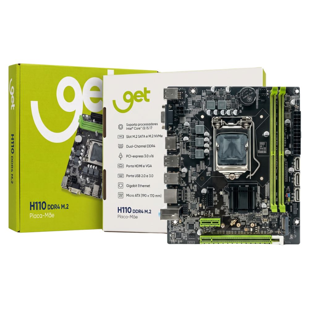 Placa-Mãe Get H110 DDR4 M.2 LGA 1151, Suporte Intel 6ª a 8ª Geração, SATA, HDMI, USB 3.0, NVMe, Micro ATX