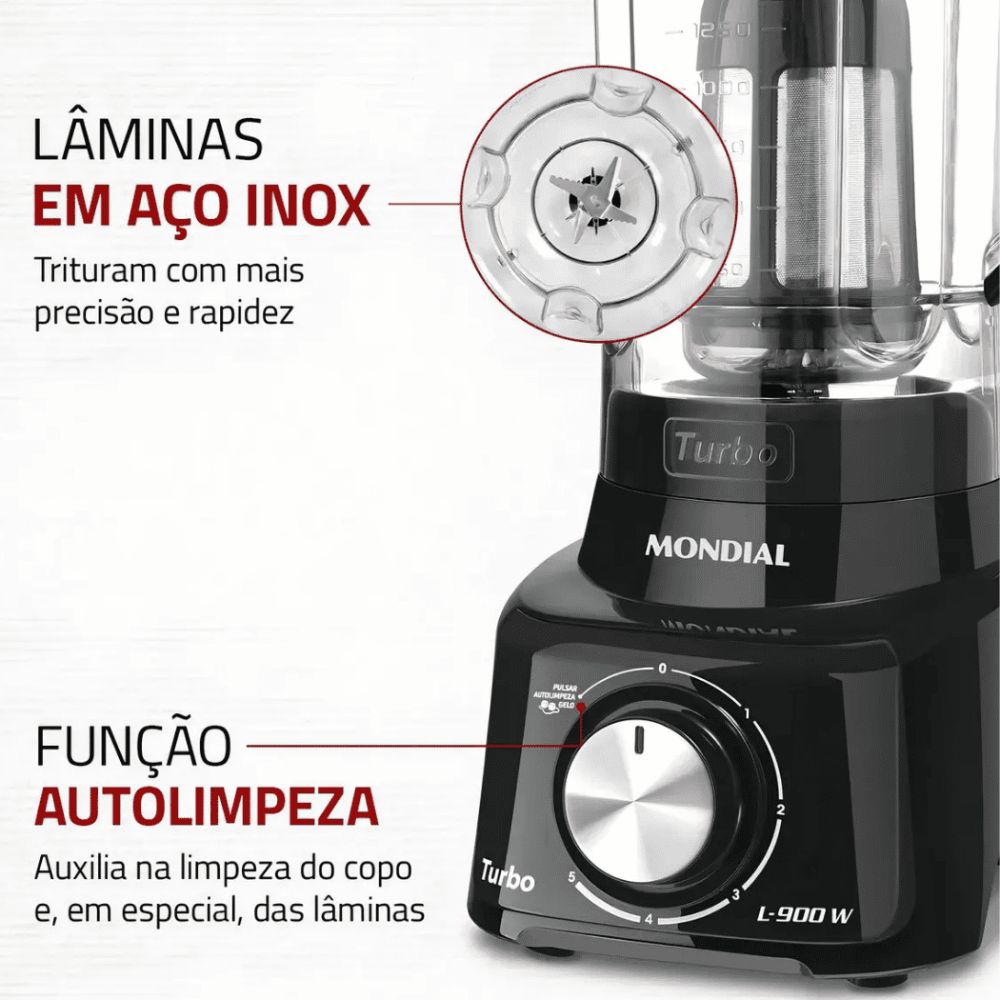 Liquidificador Mondial L-900 FB Com Filtro ,Copo de Acrílico, 5 Velocidades + Pulsar, 900W, 220V - Preto