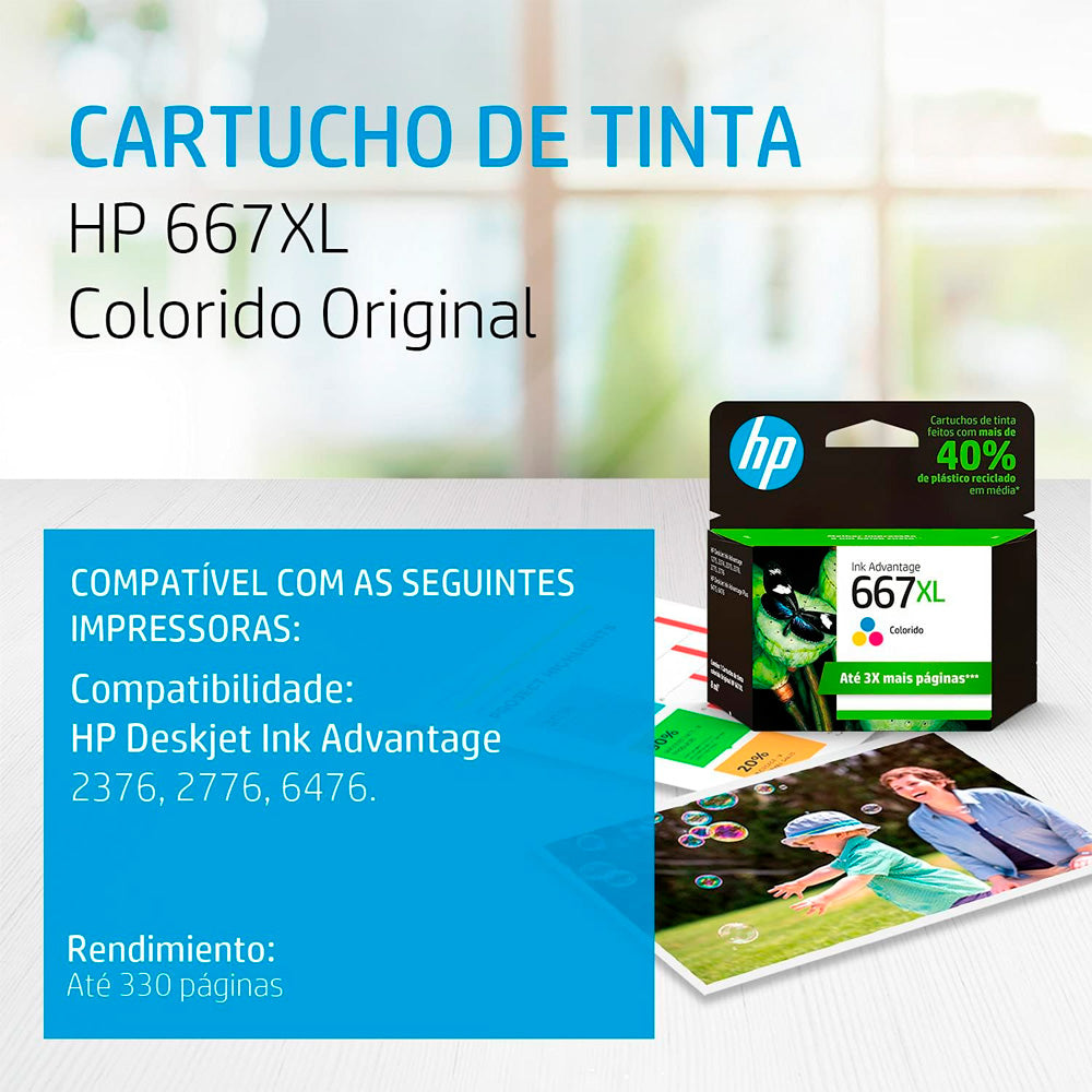 Cartucho HP 667XL Colorido Original 3YM80AB, Para HP Deskjet 2376 2776 6476 5076 5276, Rendimento até 330 Páginas