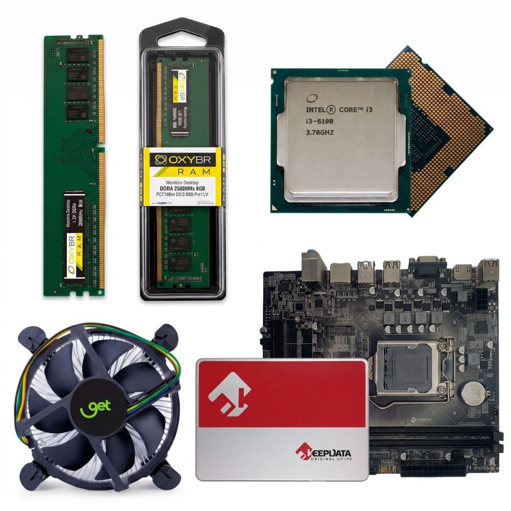 Kit Placa Mãe H110 Com Cooler 1151, Processador i3-6100, Memória RAM 8GB DDR4, SSD 256GB