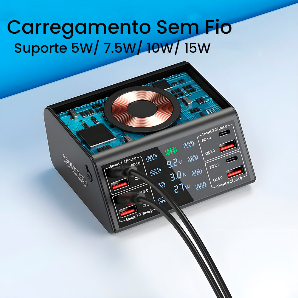 Estação de Carregamento 100W Com 4 Entradas USB e 4 Entradas USB-C - Suporte a Carga Sem Fio - ASOMETCH