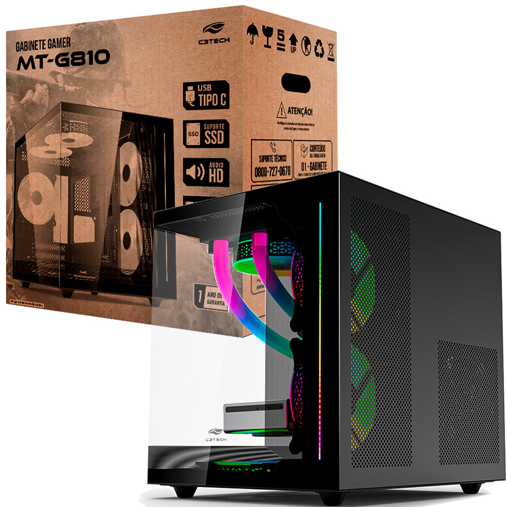 Gabinete Gamer C3Tech Aquarius, Mini Tower, Vidro Temperado, M-ATX, Sem Fonte, MT-G810BK