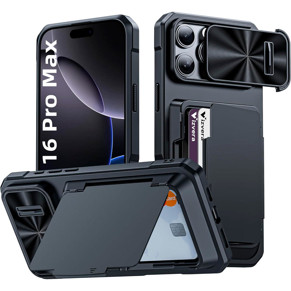 Capa Resistente Para iPhone 16 Pro Max, Com Porta Cartões, Slider Proteção Câmera, Preto