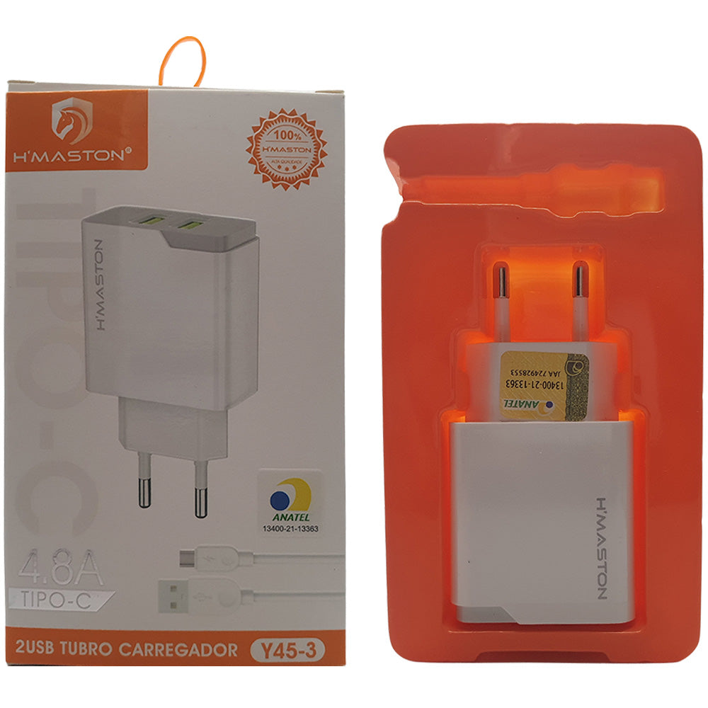 Carregador Tipo-C Turbo H'maston, Tipo-C, 4.8A, Com Duas Entradas, Y45-3 -Branco