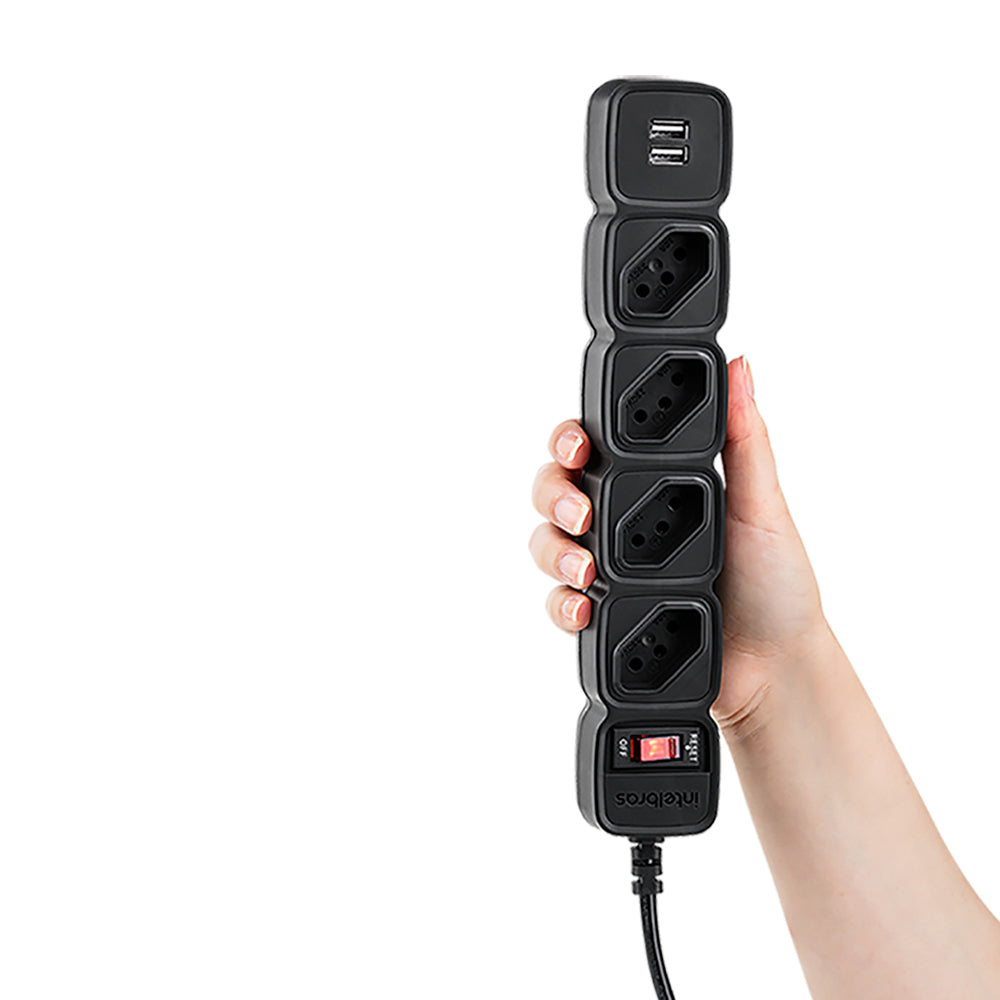 Filtro de Linha, Protetor Eletrônico Intelbras 4 Tomadas, 2 USB, EPE 204 USB - Preto