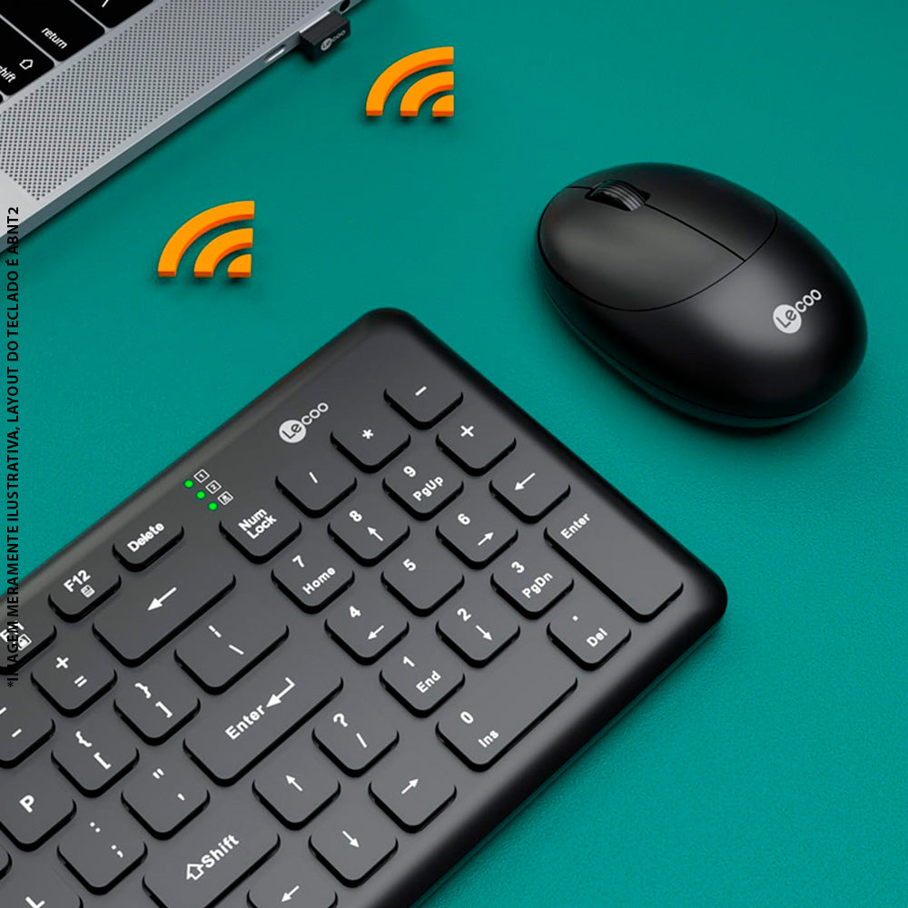 Kit Teclado E Mouse Sem Fio KW204 Lecoo, ABNT2, Bluetooth 2.4 GHz, Mouse 1.200 DPI, Ergonomico, Nano USB Até 10m - Preto