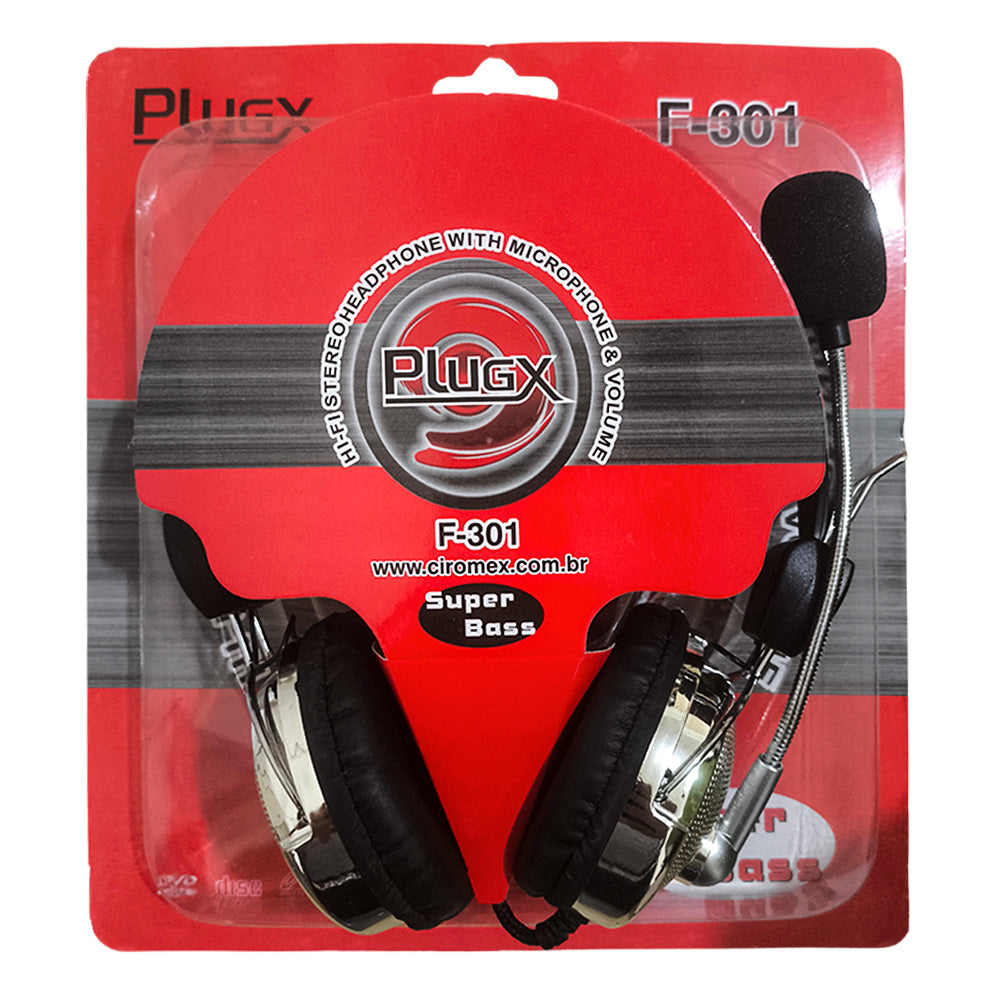 Headphone, Com Microfone, P2 Plug 3.5mm, Super Bass, Cabo 2 Metros Comprimento, PlugX, F-301