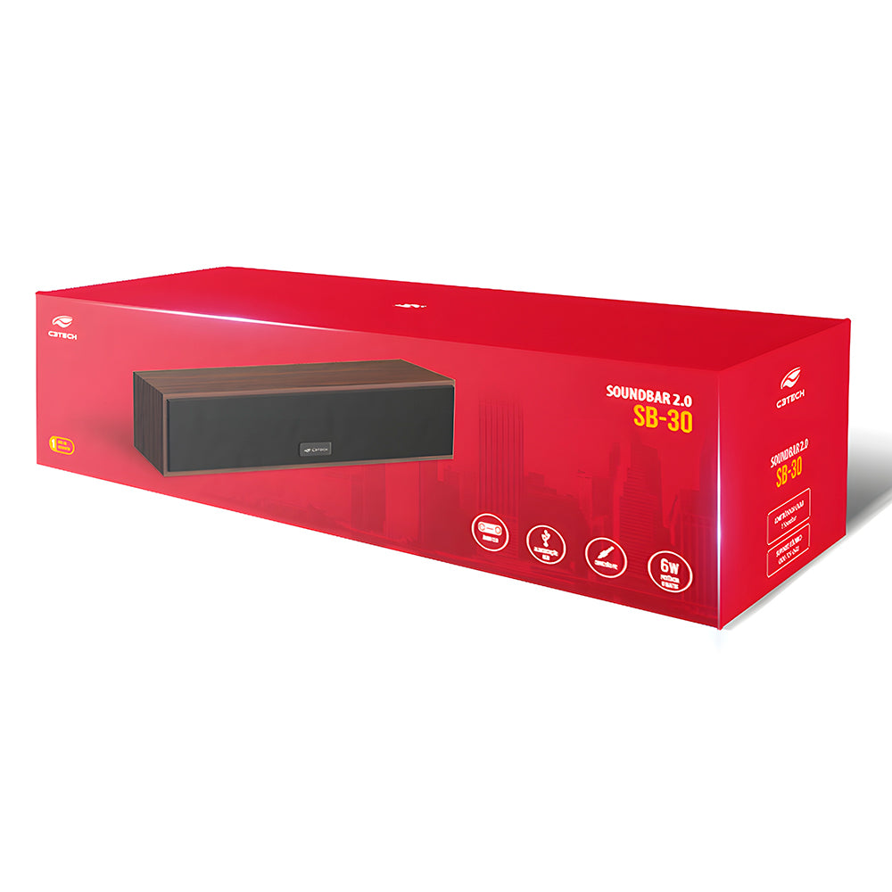 Soundbar 2.0 Conexão P2, Alimentação USB Drive 50mm, 6W, SB-30BK, C3Tech - Preto