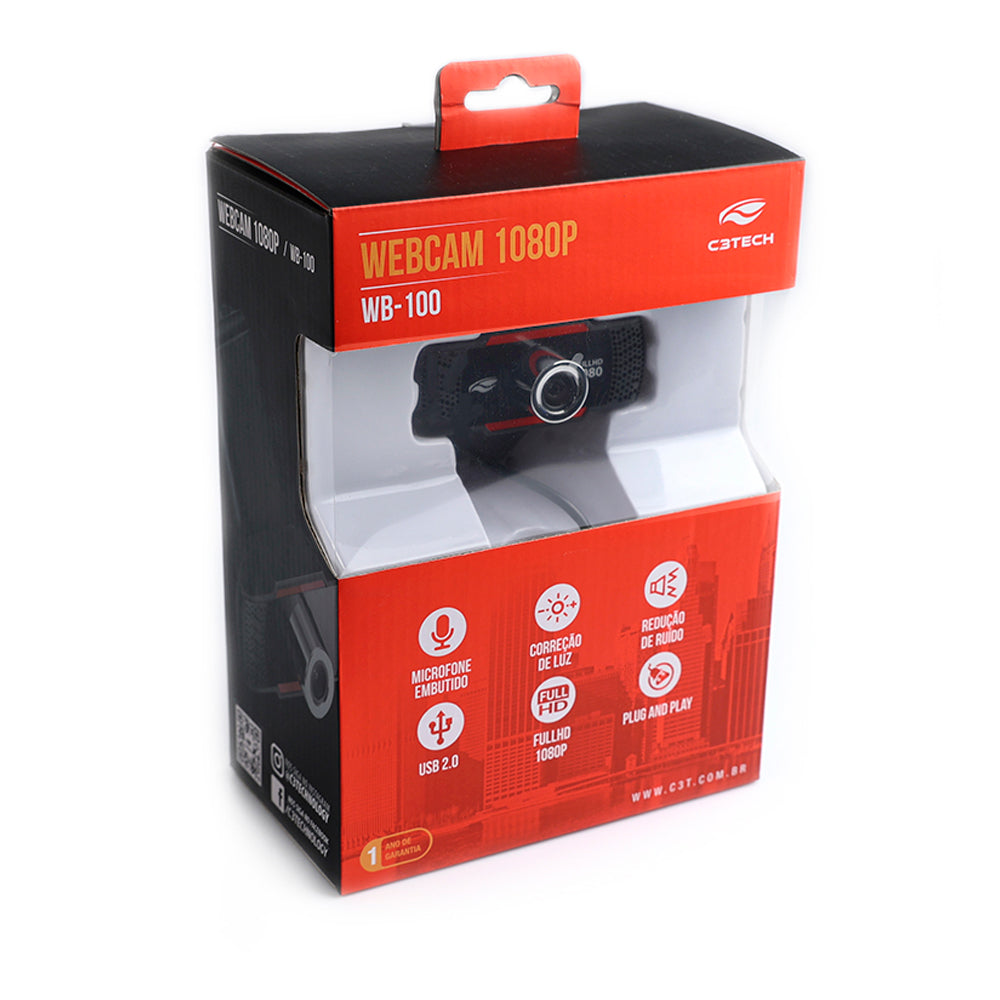 WebCam Full HD 1080P Com Microfone USB 2.0 Plug And Play C3Tech WB-100BK