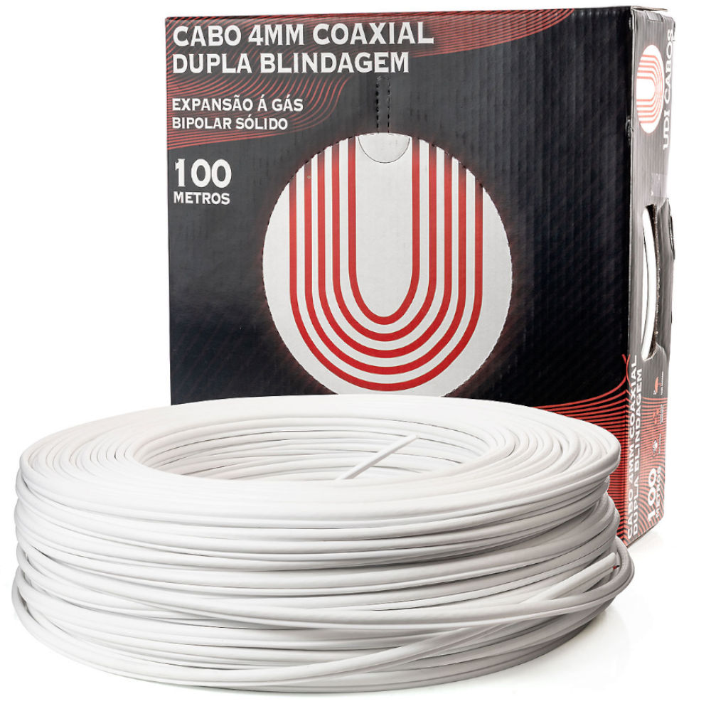 Caixa com 100 Metros de Cabo Coaxial Bipolar 4mm com Dupla Blindagem, UDI Cabos, Para uso Exterior, Anti-Chama - Branco